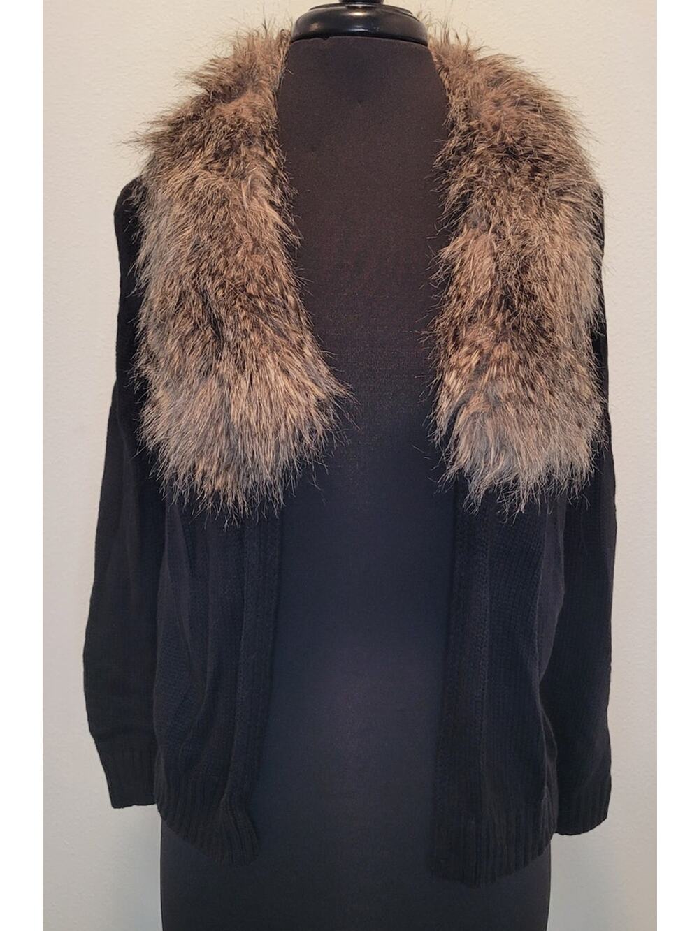 Vince Camuto Black Cardigan Faux Fur Collar 3/4 Sleeve Knit M